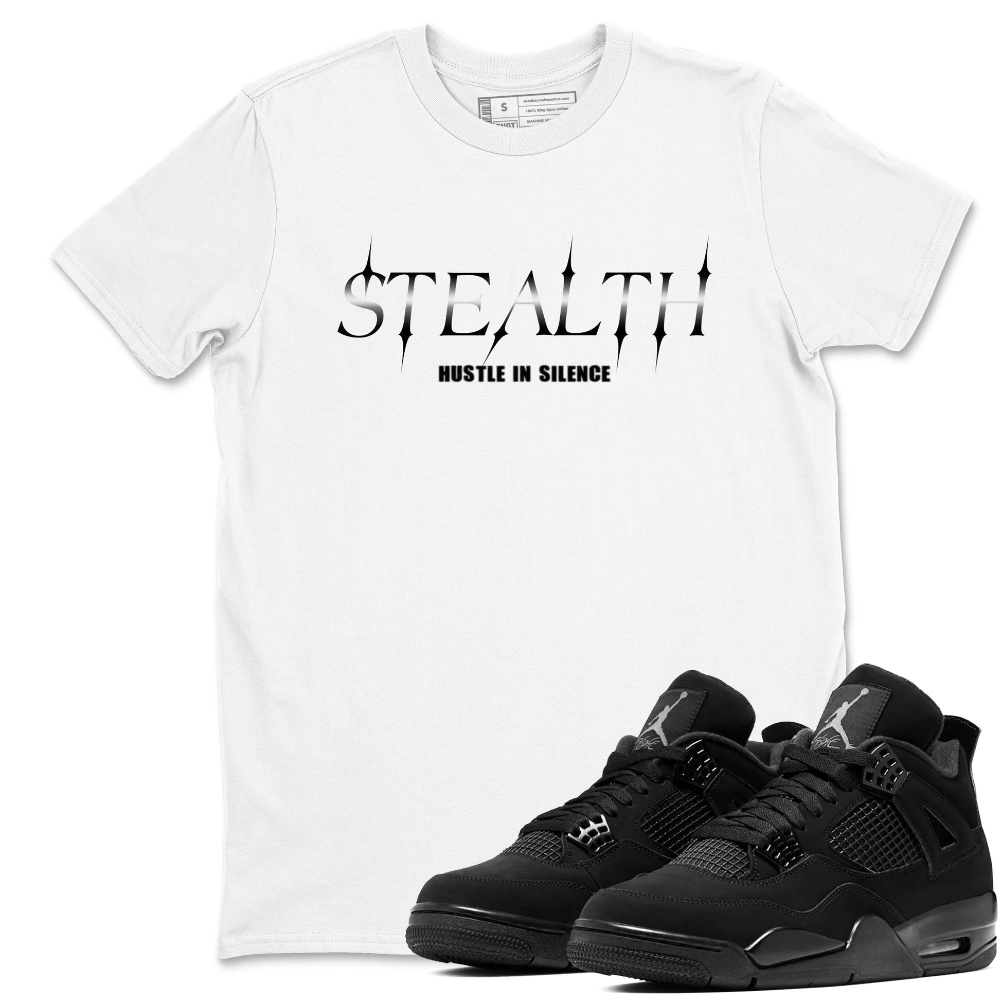 Sneaker match tees – Sneaker Tees To Match Air Jordan 4 Black Cat Shoes – Stealth Tee White 1