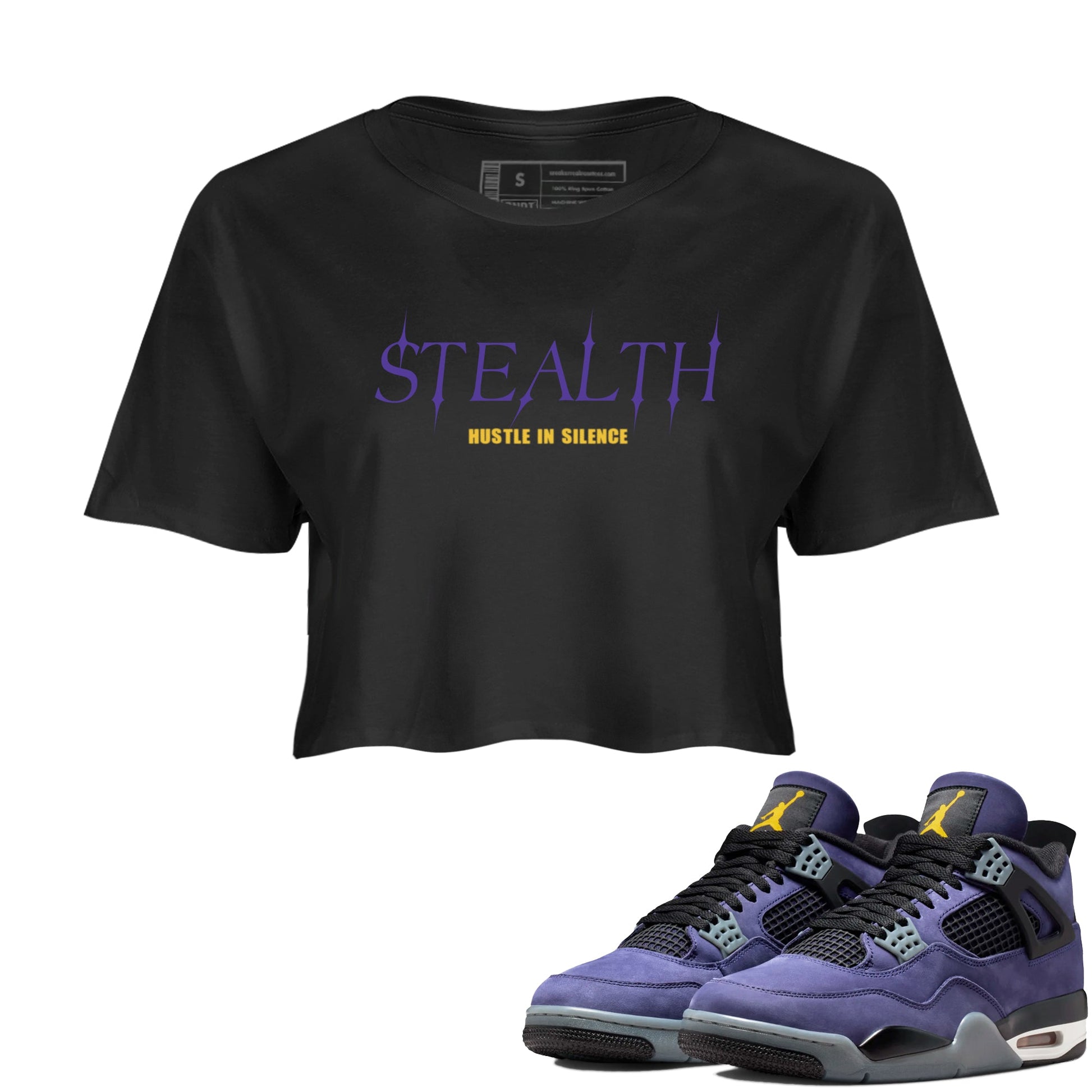 Sneaker match tees – Sneaker Tees To Match Air Jordan 4 Lakeshow Shoes – Stealth Crop T-Shirt Black 1