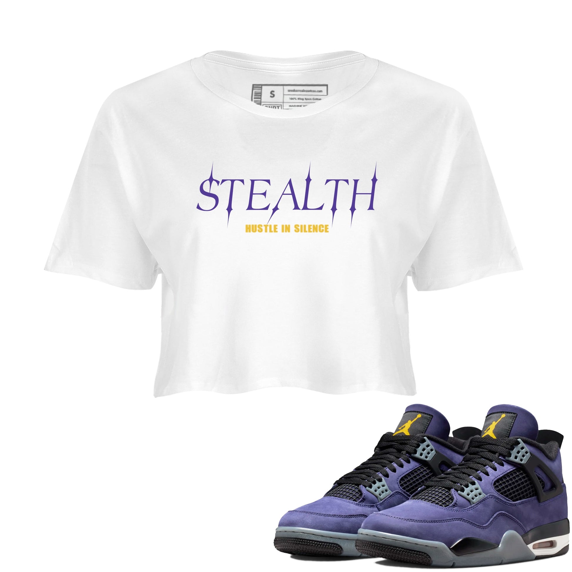 Sneaker match tees – Sneaker Tees To Match Air Jordan 4 Lakeshow Shoes – Stealth Crop T-Shirt White 1
