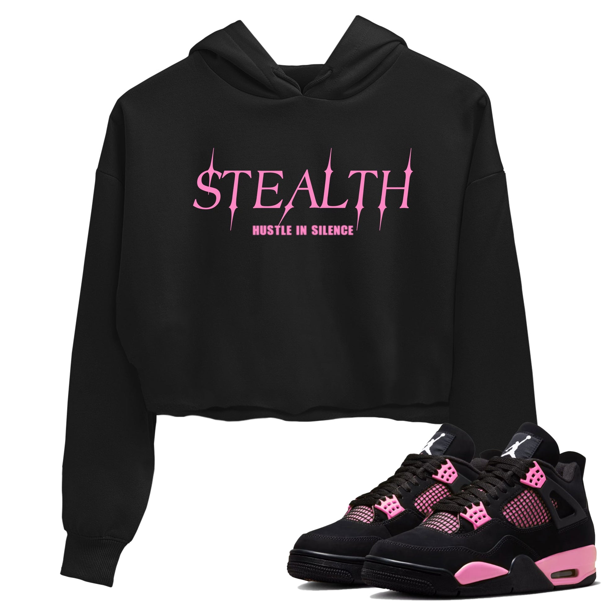 Perfect Valentine's Day Gifts graphic tee  – Sneaker Tees To Match Air Jordan 4 Pink Thunder – Stealth Crop T-Shirt Black 1