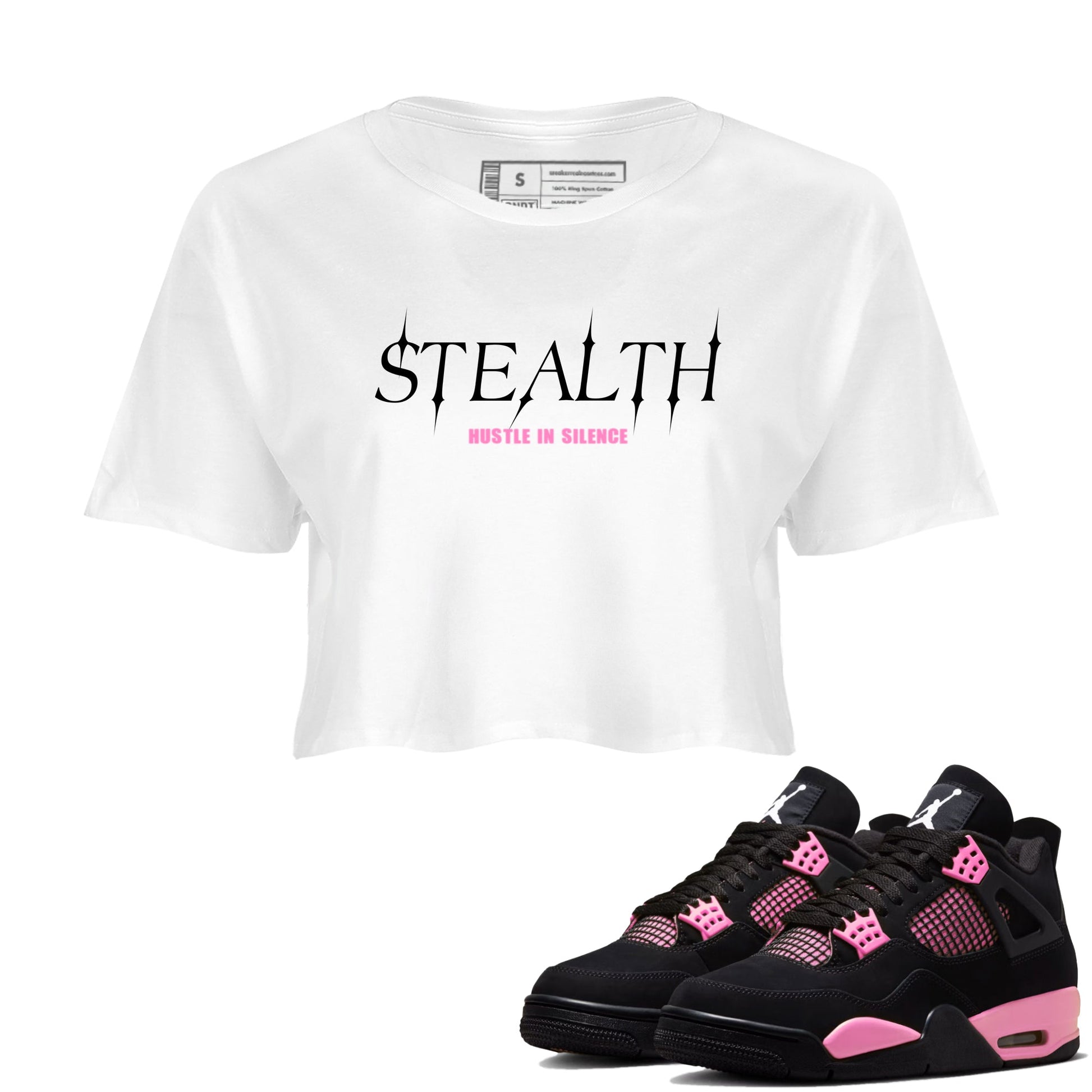 Perfect Valentine's Day Gifts graphic tee  – Sneaker Tees To Match Air Jordan 4 Pink Thunder – Stealth Crop T-Shirt White 1