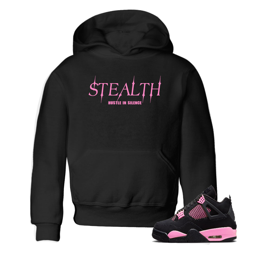Perfect Valentine's Day Gifts graphic tee  – Sneaker Tees To Match Air Jordan 4 Pink Thunder – Stealth Kids Graphic T-Shirt Black 1