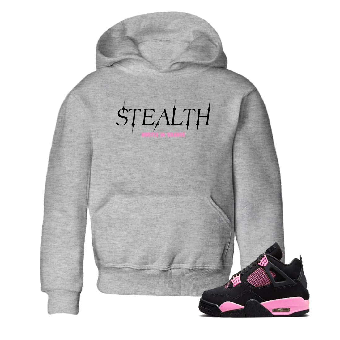 Perfect Valentine's Day Gifts graphic tee  – Sneaker Tees To Match Air Jordan 4 Pink Thunder – Stealth Kids Graphic T-Shirt Heather Grey 1