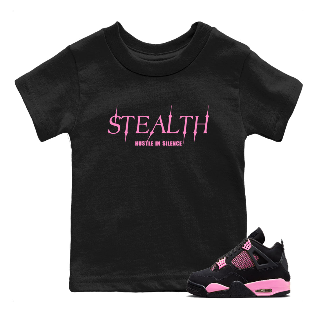 Perfect Valentine's Day Gifts graphic tee  – Sneaker Tees To Match Air Jordan 4 Pink Thunder – Stealth Kids Graphic T-Shirt Black 1