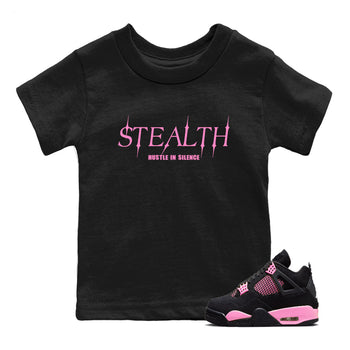 Perfect Valentine's Day Gifts graphic tee  – Sneaker Tees To Match Air Jordan 4 Pink Thunder – Stealth Kids Graphic T-Shirt Black 1