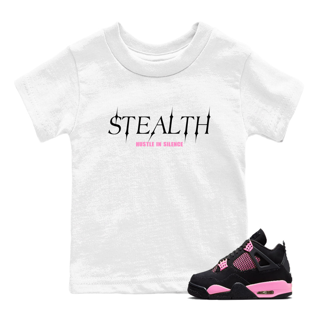 Perfect Valentine's Day Gifts graphic tee  – Sneaker Tees To Match Air Jordan 4 Pink Thunder – Stealth Kids Graphic T-Shirt White 1