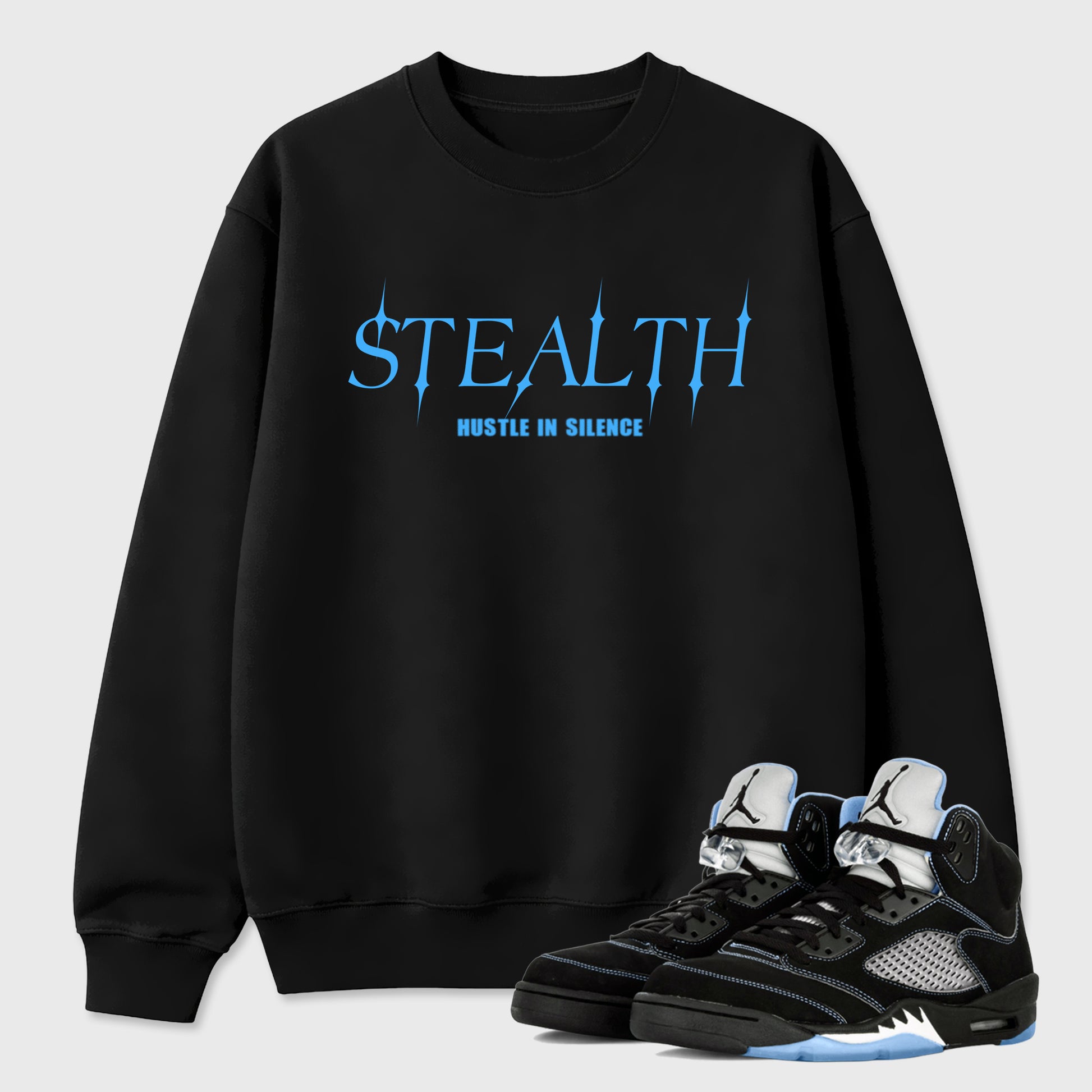 Stealth Graphic T-Shirt sneaker match tee designed for the Air Jordan 5 Black Carolina, featuring coordinated color options for a perfect streetwear match. Black 1 shirt.