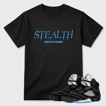 Stealth Graphic T-Shirt sneaker match tee designed for the Air Jordan 5 Black Carolina, featuring coordinated color options for a perfect streetwear match. Black 1 shirt.