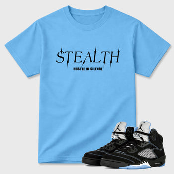 Stealth Graphic T-Shirt sneaker match tee designed for the Air Jordan 5 Black Carolina, featuring coordinated color options for a perfect streetwear match. Carolina Blue 1 shirt.