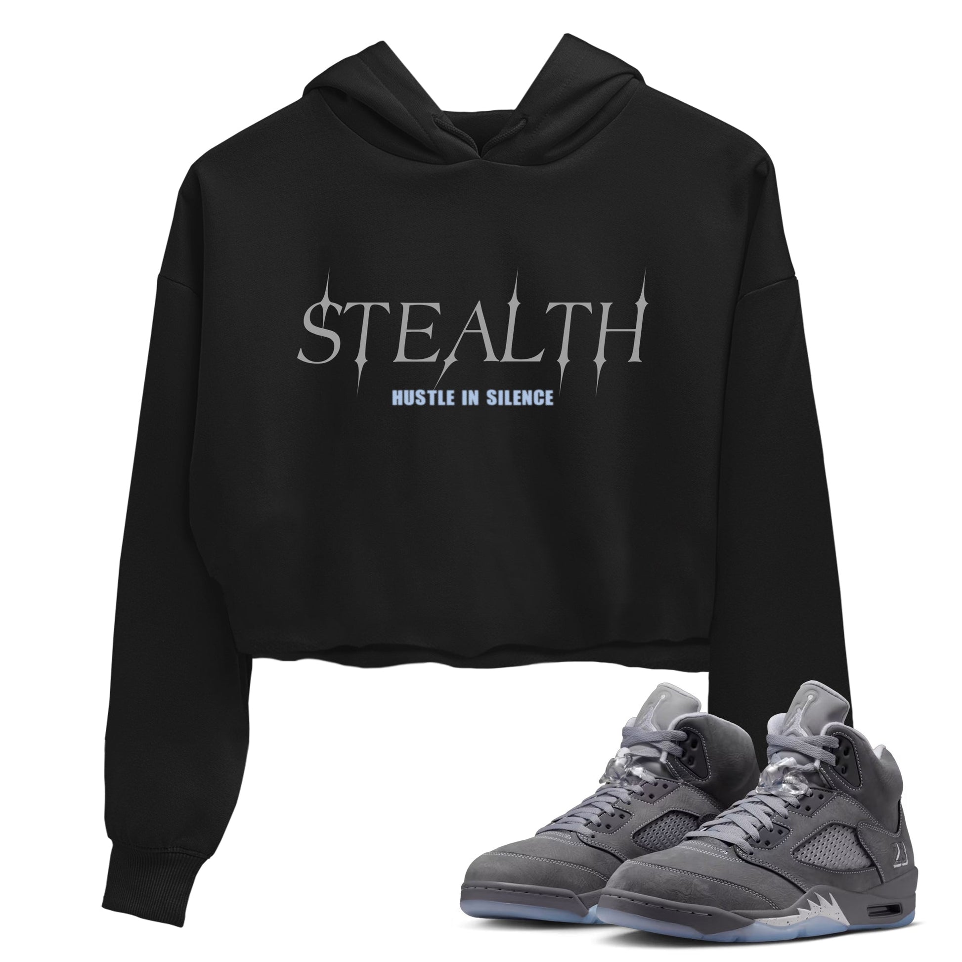 Sneakerfit for Sneakerheads – Sneaker Tees To Match Air Jordan 5 Wolf Grey Sneakers – Stealth Crop T-Shirt Black 1