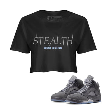 Sneakerfit for Sneakerheads – Sneaker Tees To Match Air Jordan 5 Wolf Grey Sneakers – Stealth Crop T-Shirt Black 1