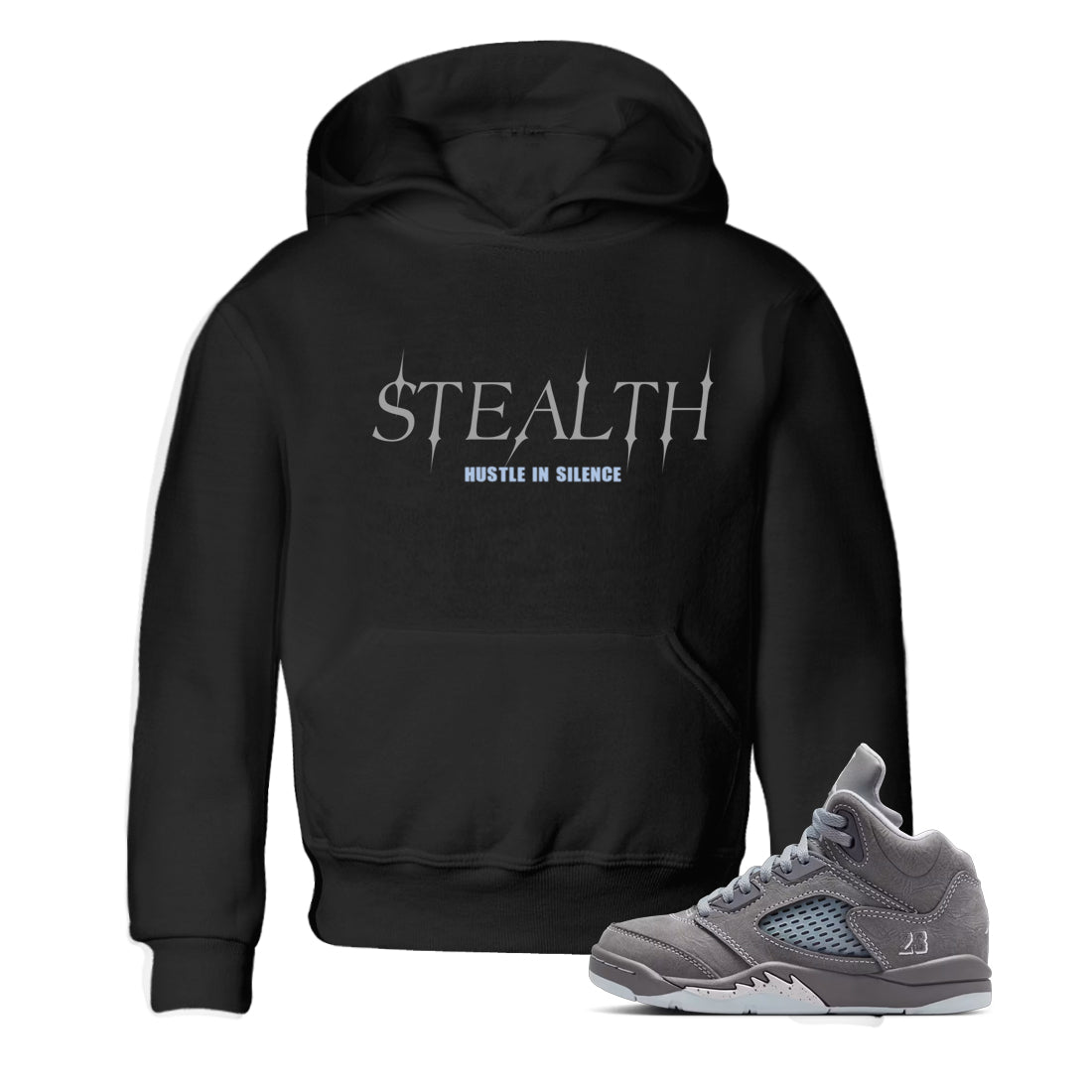 Sneakerfit for Sneakerheads – Sneaker Tees To Match Air Jordan 5 Wolf Grey Sneakers – Stealth Kids T-Shirt Black 1