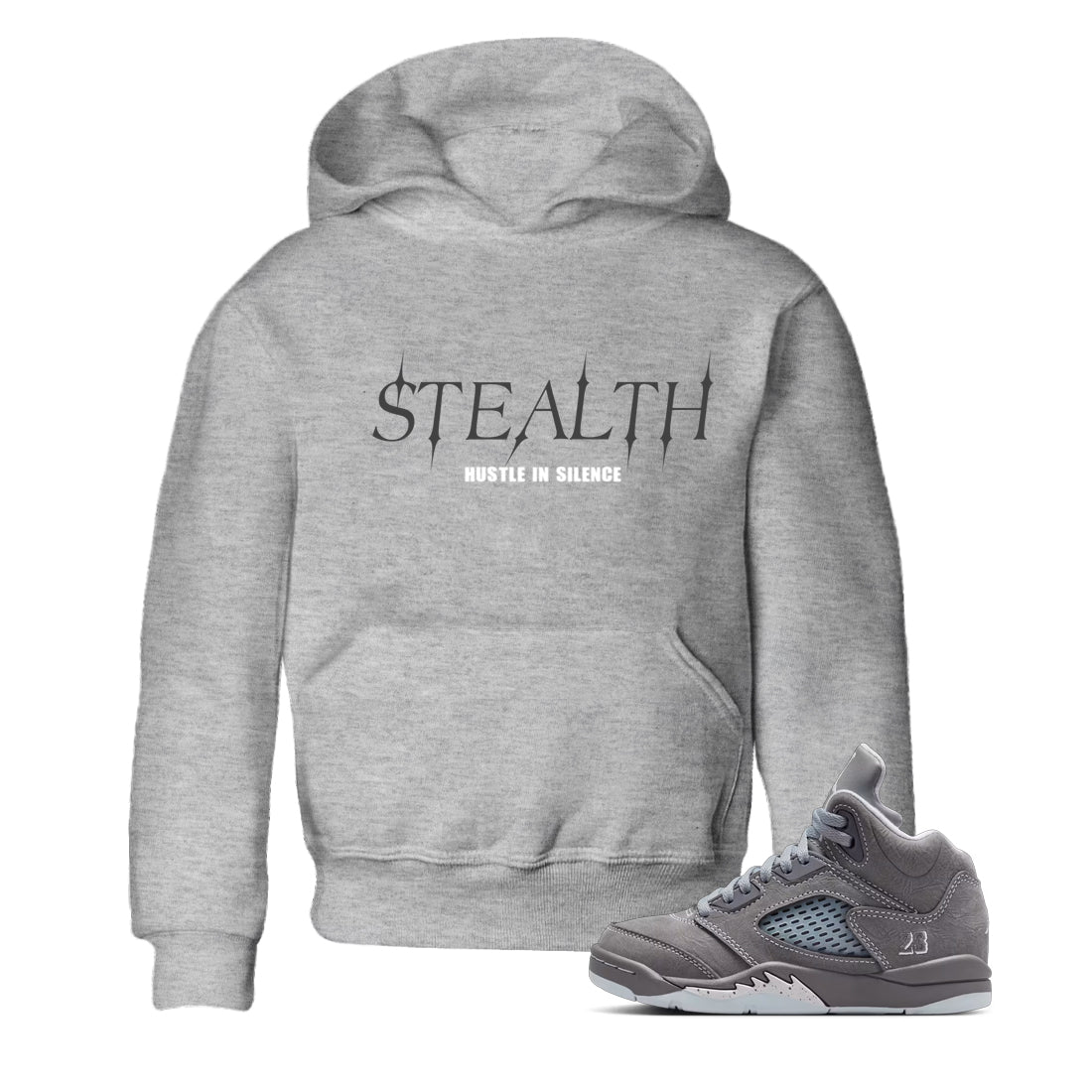 Sneakerfit for Sneakerheads – Sneaker Tees To Match Air Jordan 5 Wolf Grey Sneakers – Stealth Kids T-Shirt Heather Grey 1