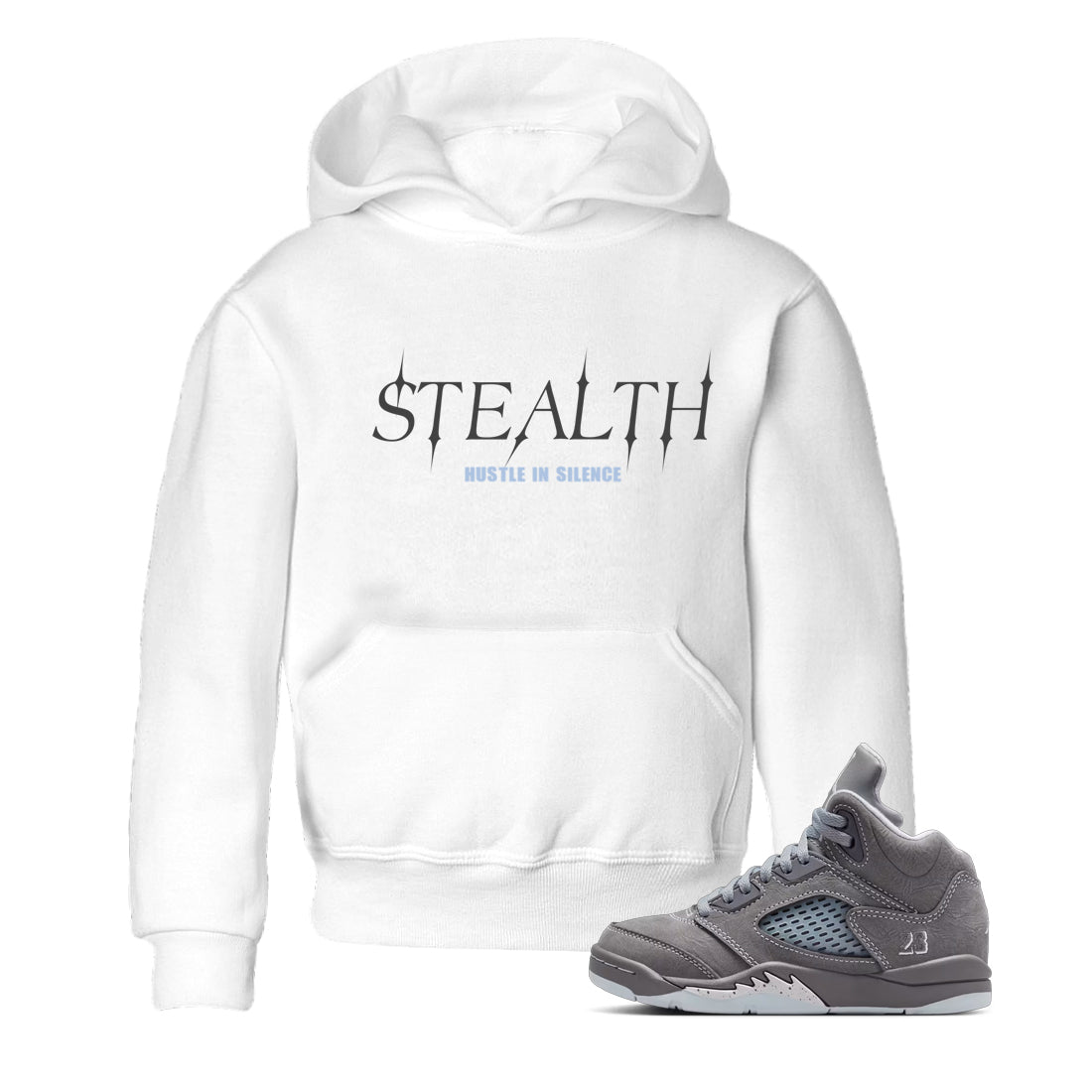 Sneakerfit for Sneakerheads – Sneaker Tees To Match Air Jordan 5 Wolf Grey Sneakers – Stealth Kids T-Shirt White 1