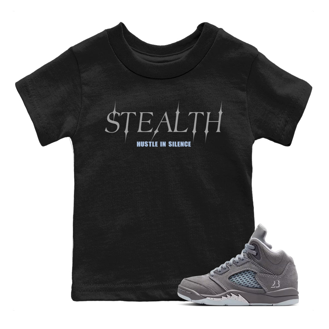 Sneakerfit for Sneakerheads – Sneaker Tees To Match Air Jordan 5 Wolf Grey Sneakers – Stealth Kids T-Shirt Black 1