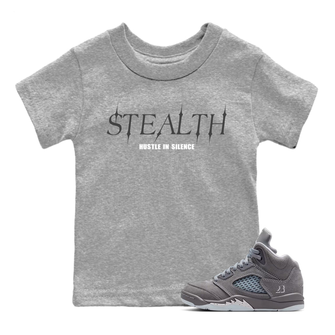 Sneakerfit for Sneakerheads – Sneaker Tees To Match Air Jordan 5 Wolf Grey Sneakers – Stealth Kids T-Shirt Heather Grey 1