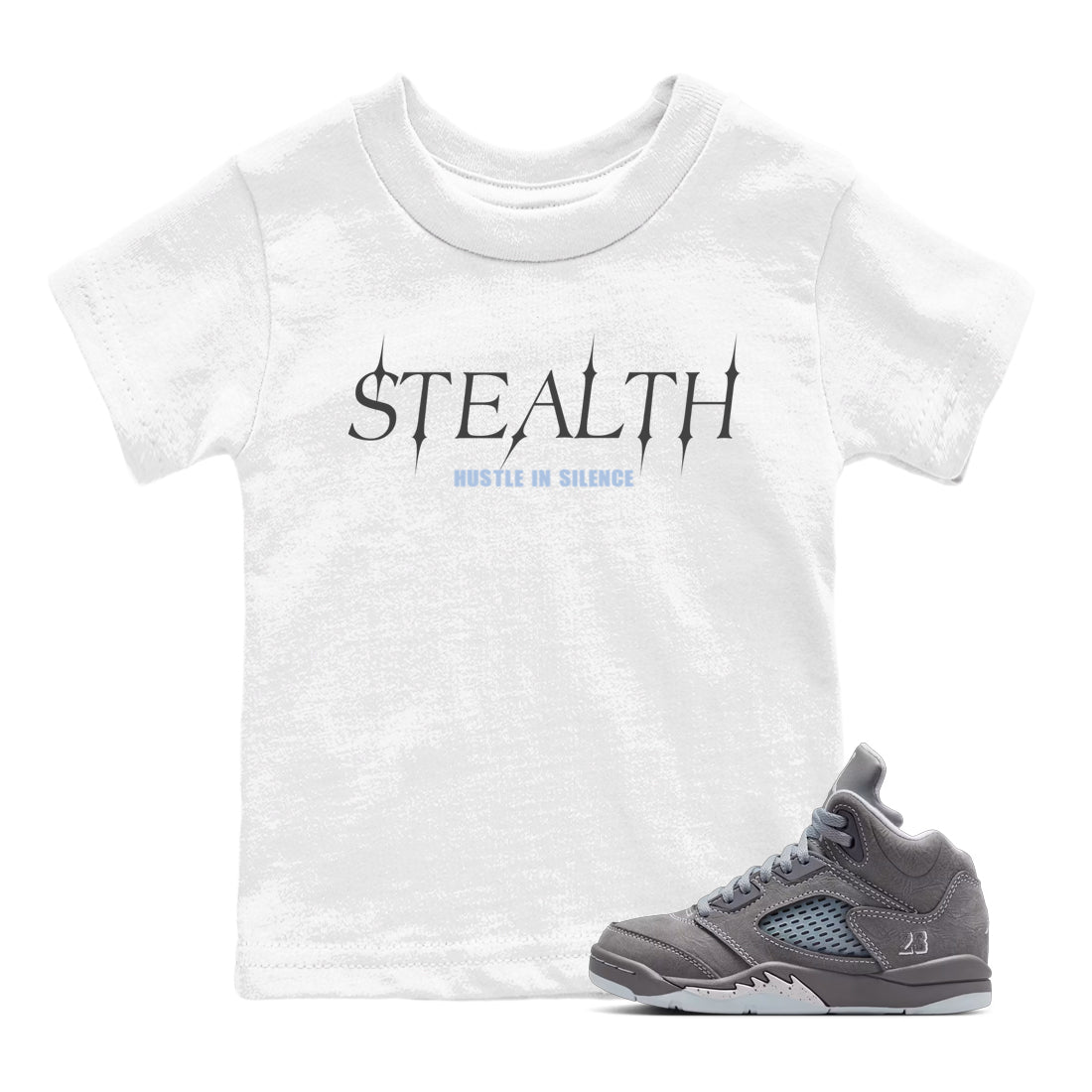 Sneakerfit for Sneakerheads – Sneaker Tees To Match Air Jordan 5 Wolf Grey Sneakers – Stealth Kids T-Shirt White 1