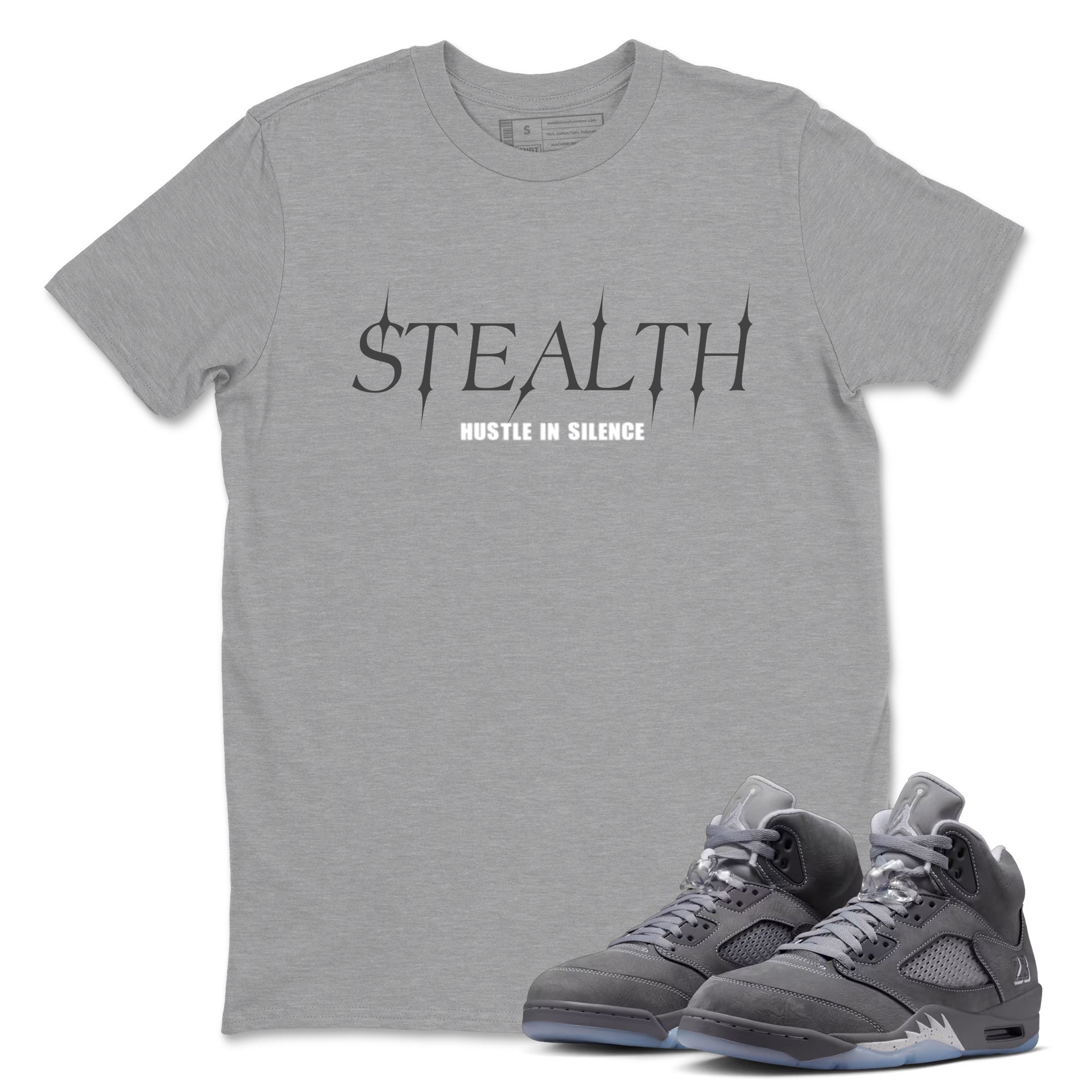 Sneakerfit for Sneakerheads – Sneaker Tees To Match Air Jordan 5 Wolf Grey Sneakers – Stealth Tee Heather Grey 1