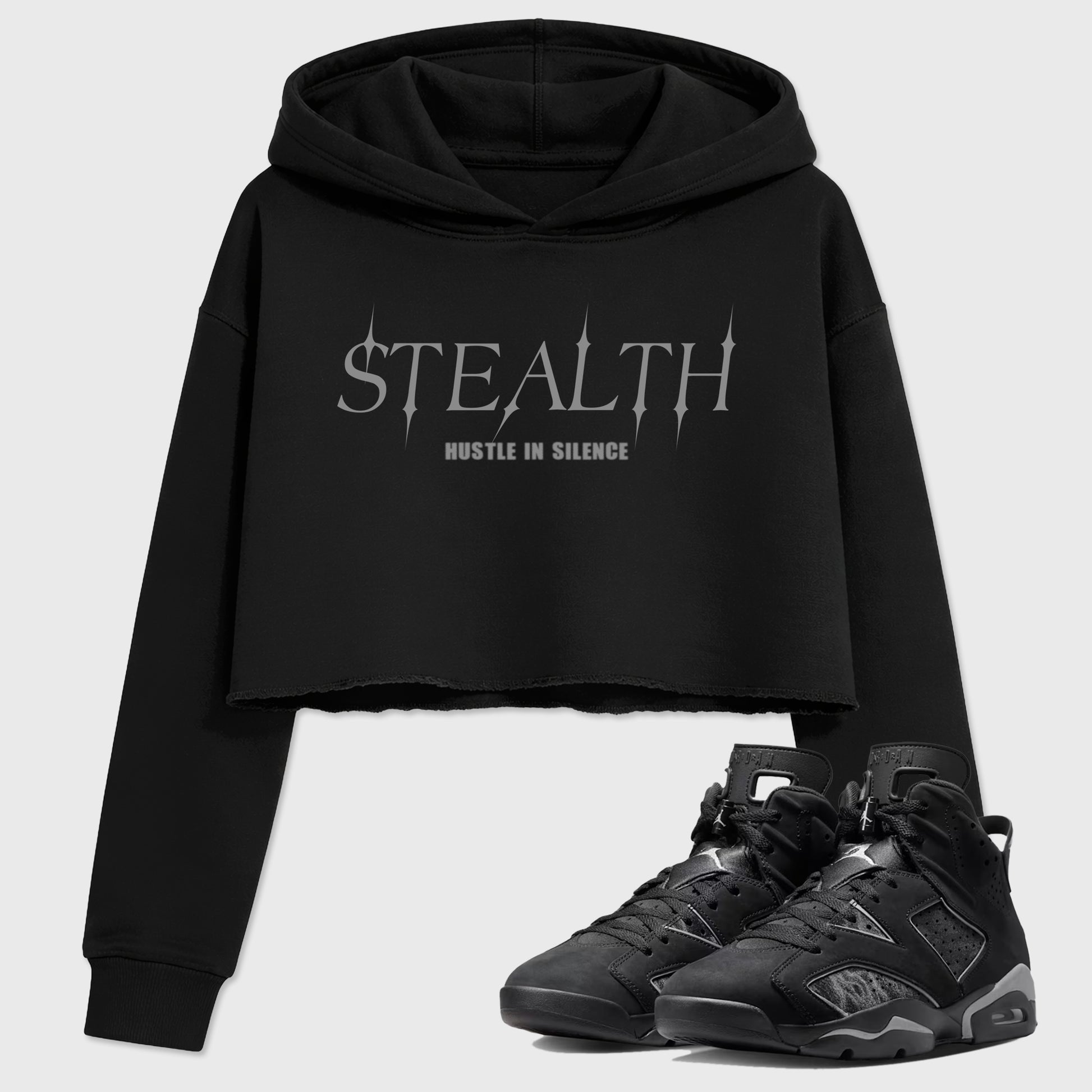 Sneaker match tees – Sneaker Tees To Match Air Jordan 6 Cap and Gown Shoes – Stealth Crop T-Shirt Black 1