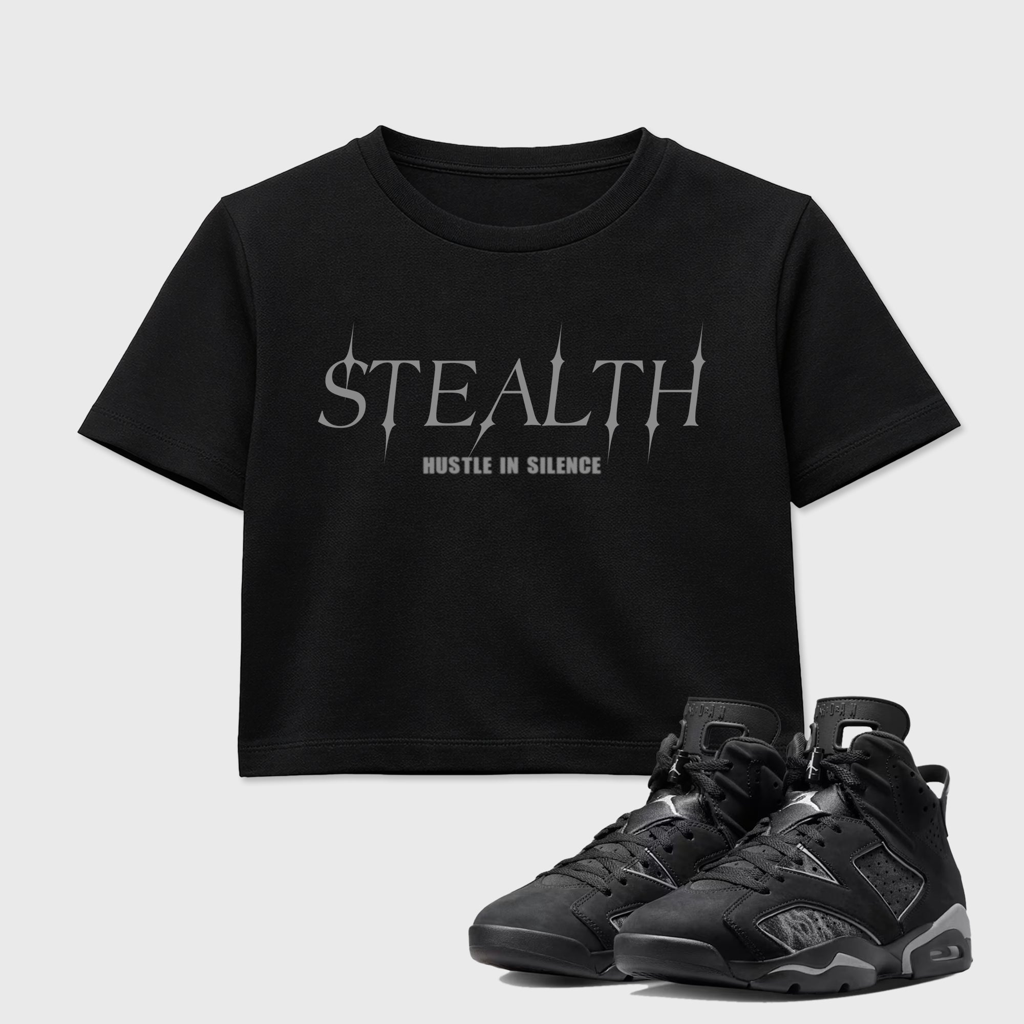 Sneaker match tees – Sneaker Tees To Match Air Jordan 6 Cap and Gown Shoes – Stealth Crop T-Shirt Black 1