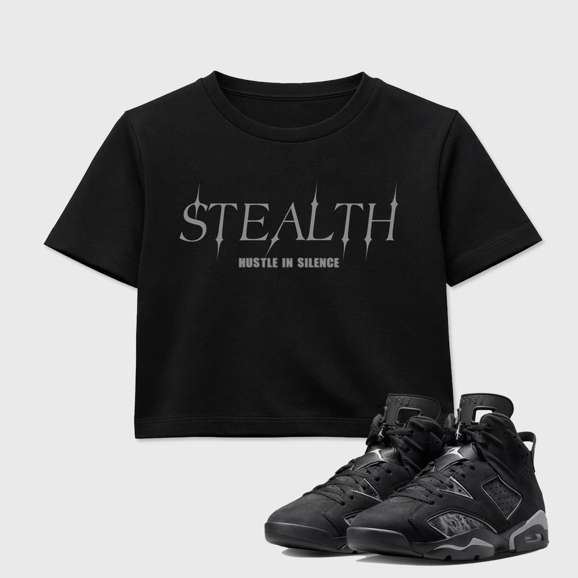 Sneaker match tees – Sneaker Tees To Match Air Jordan 6 Cap and Gown Shoes – Stealth Crop T-Shirt Black 1