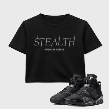 Sneaker match tees – Sneaker Tees To Match Air Jordan 6 Cap and Gown Shoes – Stealth Crop T-Shirt Black 1