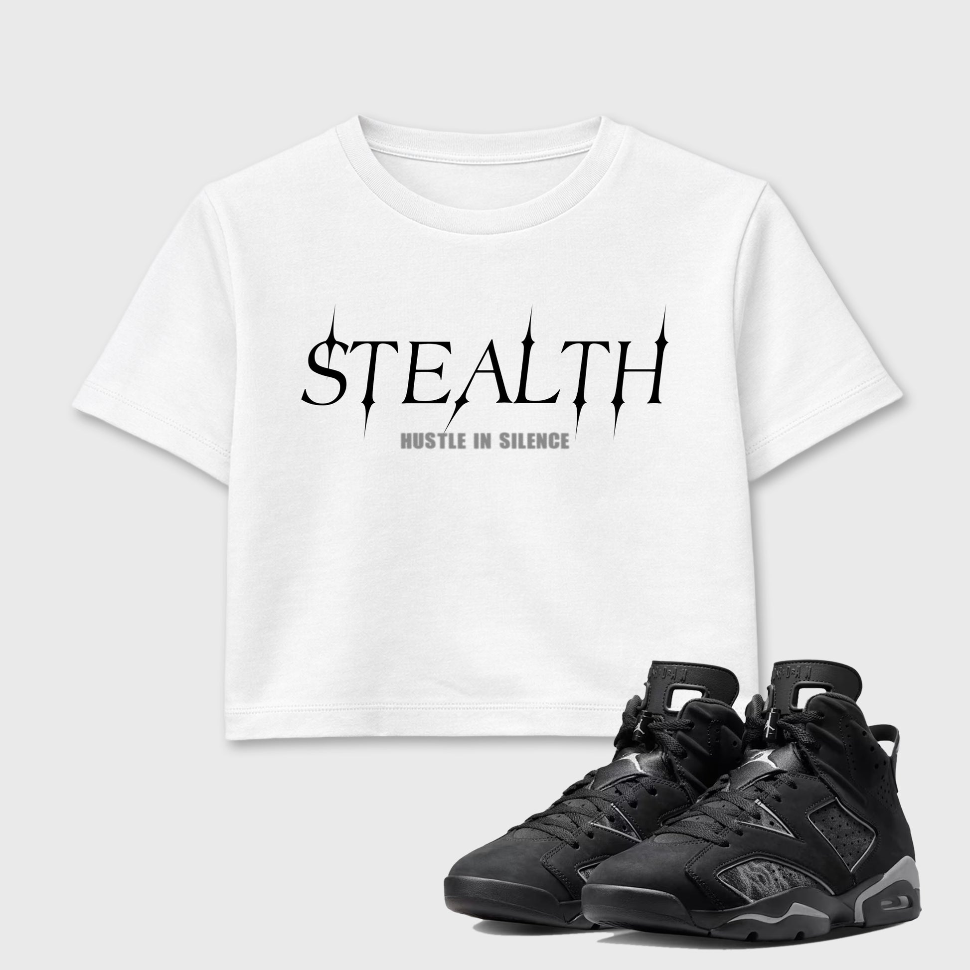 Sneaker match tees – Sneaker Tees To Match Air Jordan 6 Cap and Gown Shoes – Stealth Crop T-Shirt White 1