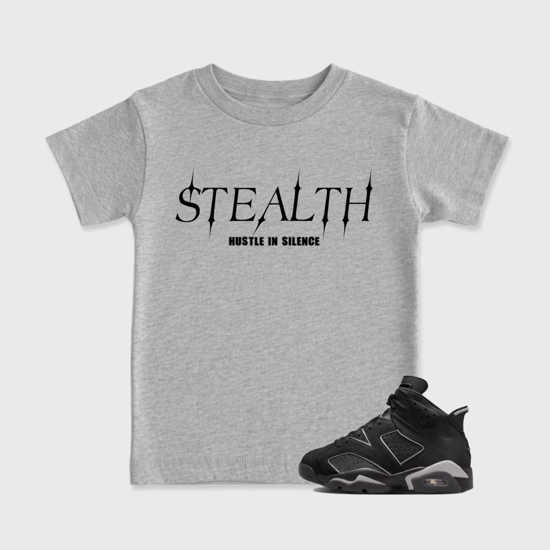 Sneaker match tees – Sneaker Tees To Match Air Jordan 6 Cap and Gown Shoes – Stealth Kids T-Shirt Heather Grey 1