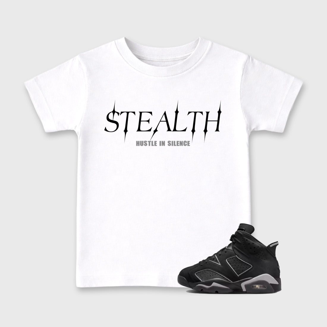 Sneaker match tees – Sneaker Tees To Match Air Jordan 6 Cap and Gown Shoes – Stealth Kids T-Shirt White 1