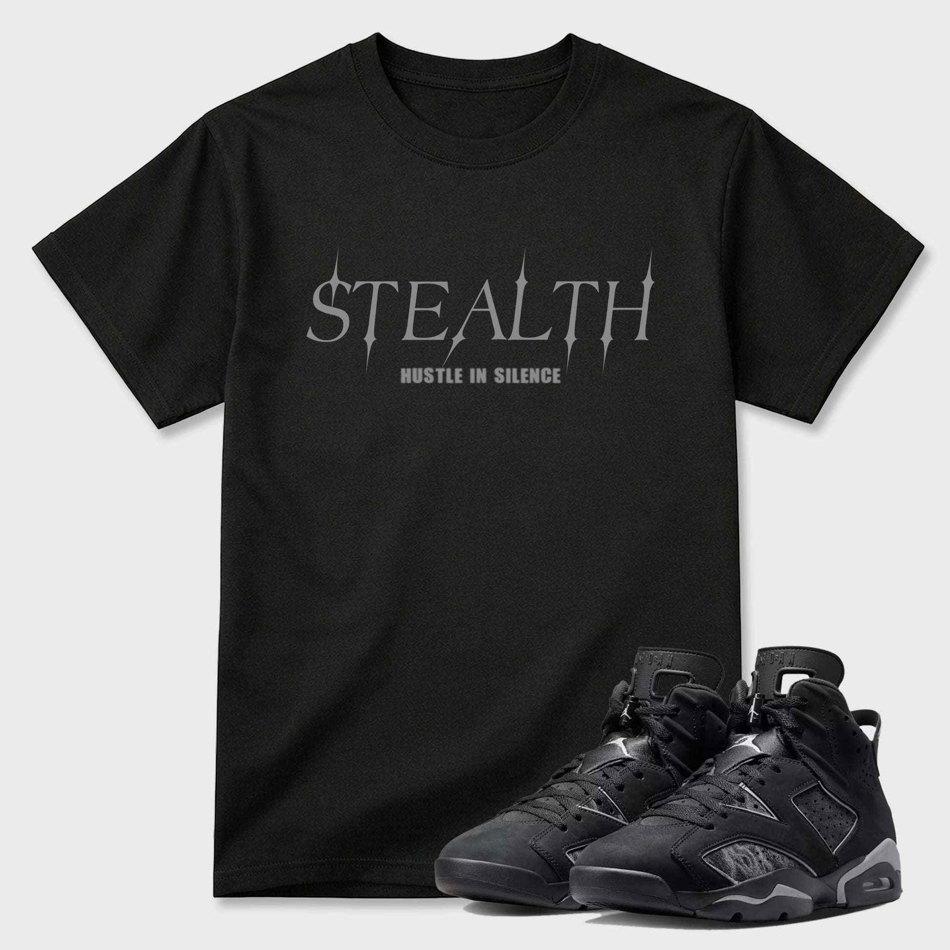 Sneaker match tees – Sneaker Tees To Match Air Jordan 6 Cap and Gown Shoes – Stealth Tee Black 1