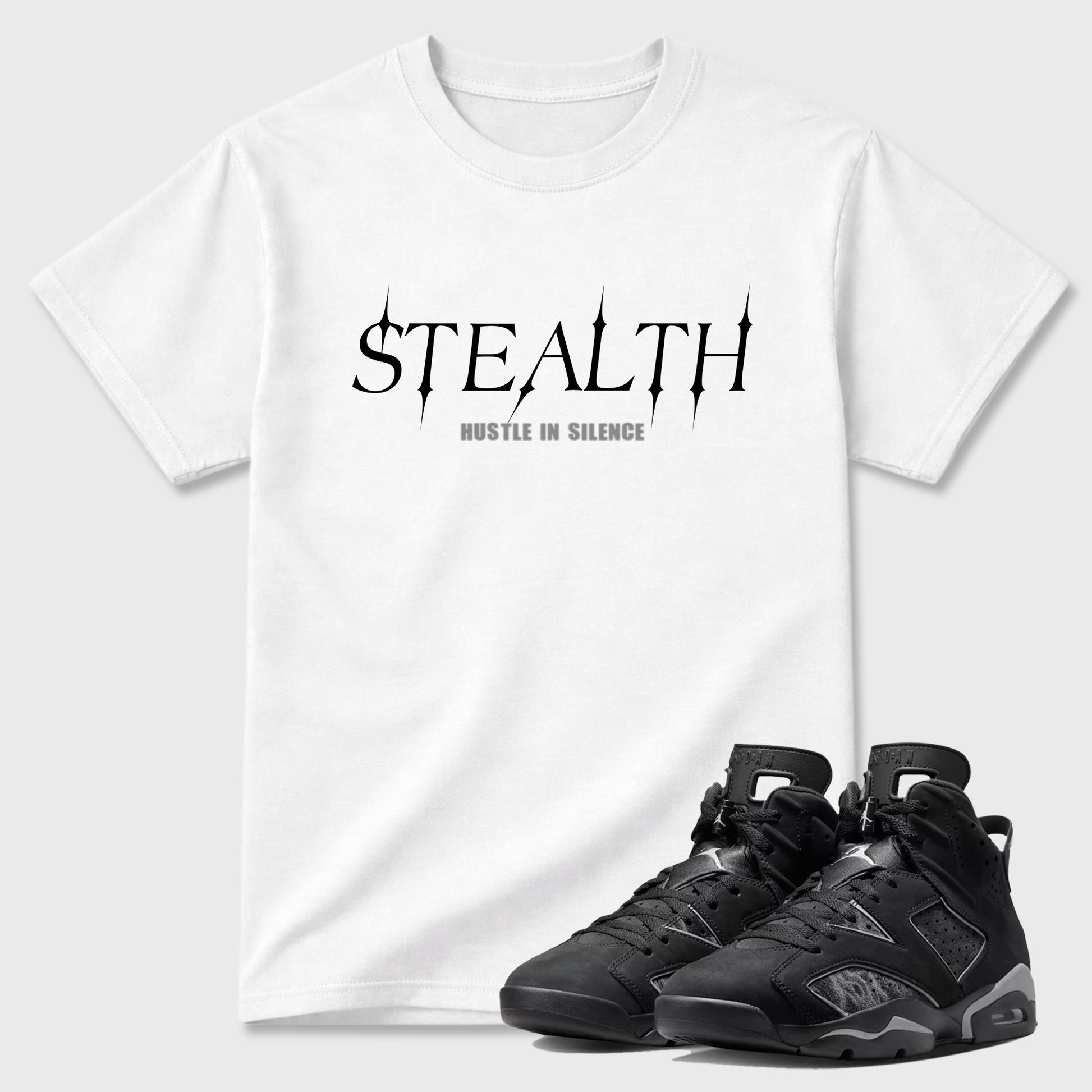 Sneaker match tees – Sneaker Tees To Match Air Jordan 6 Cap and Gown Shoes – Stealth Tee White 1