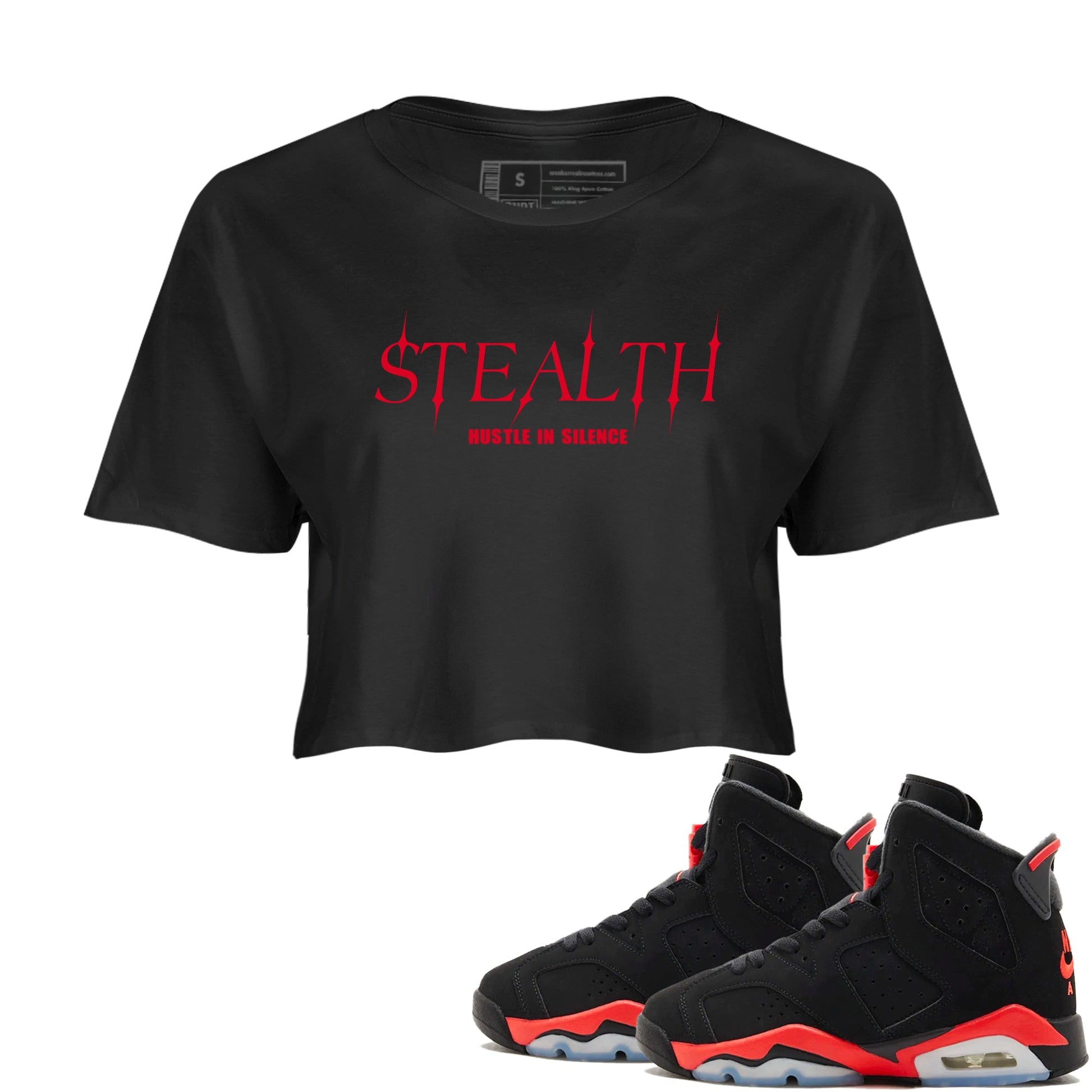 Sneaker match tees – Sneaker Tees To Match Air Jordan 6 Reverse Infrared Shoes – Stealth Crop T-Shirt Black 1