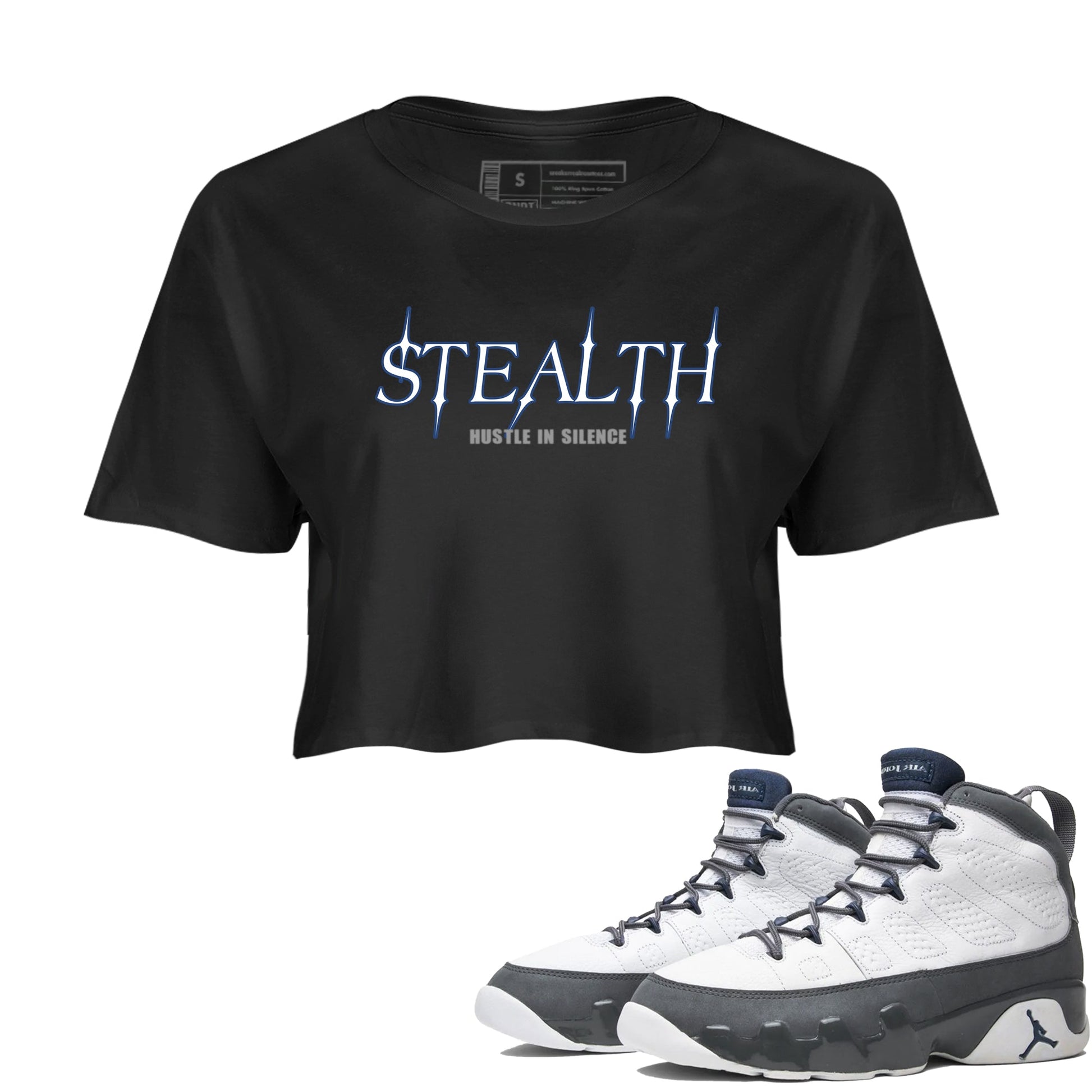 Sneaker match tees – Sneaker Tees To Match Air Jordan 9 Flint Grey Shoes – Stealth Crop T-Shirt Black 1