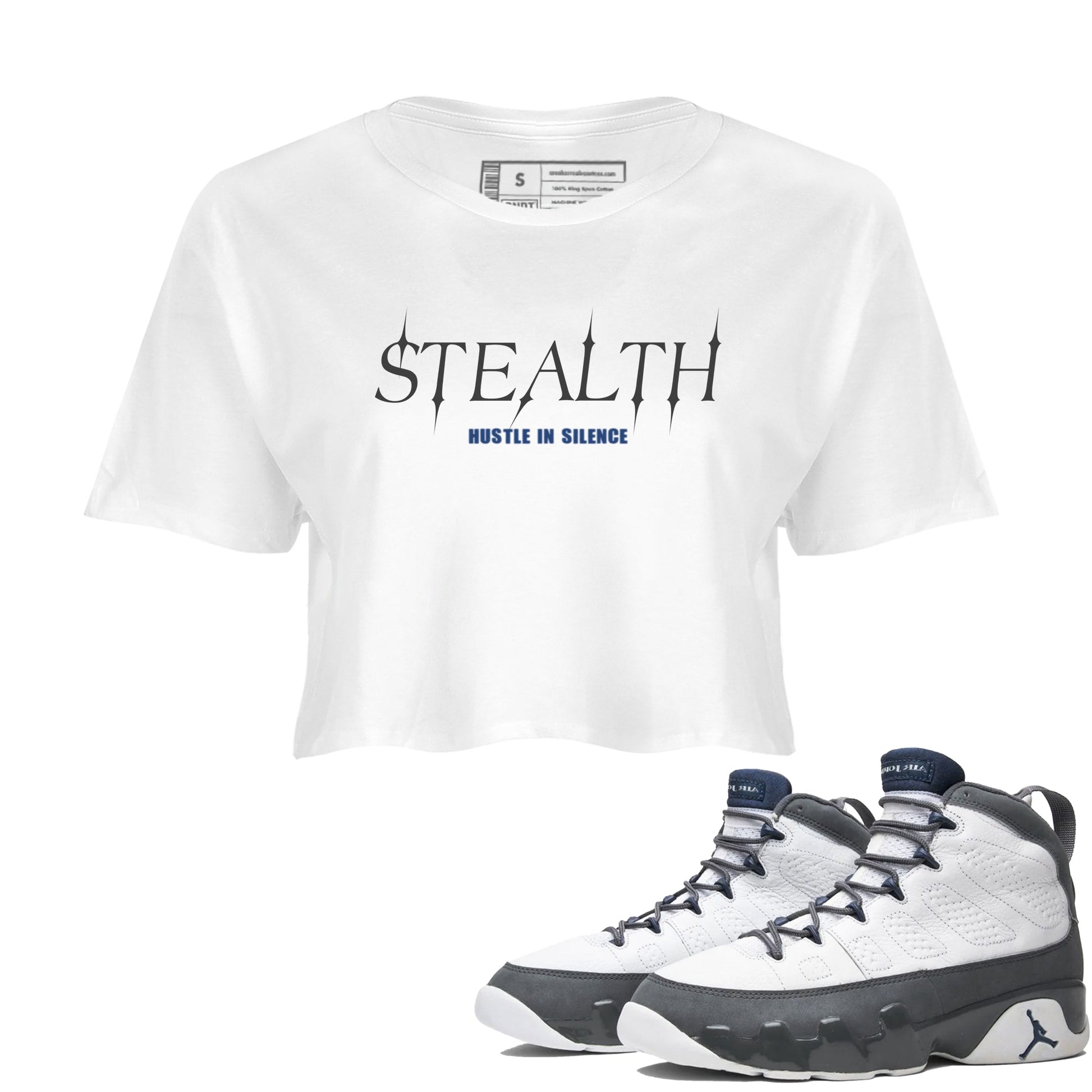 Sneaker match tees – Sneaker Tees To Match Air Jordan 9 Flint Grey Shoes – Stealth Crop T-Shirt White 1