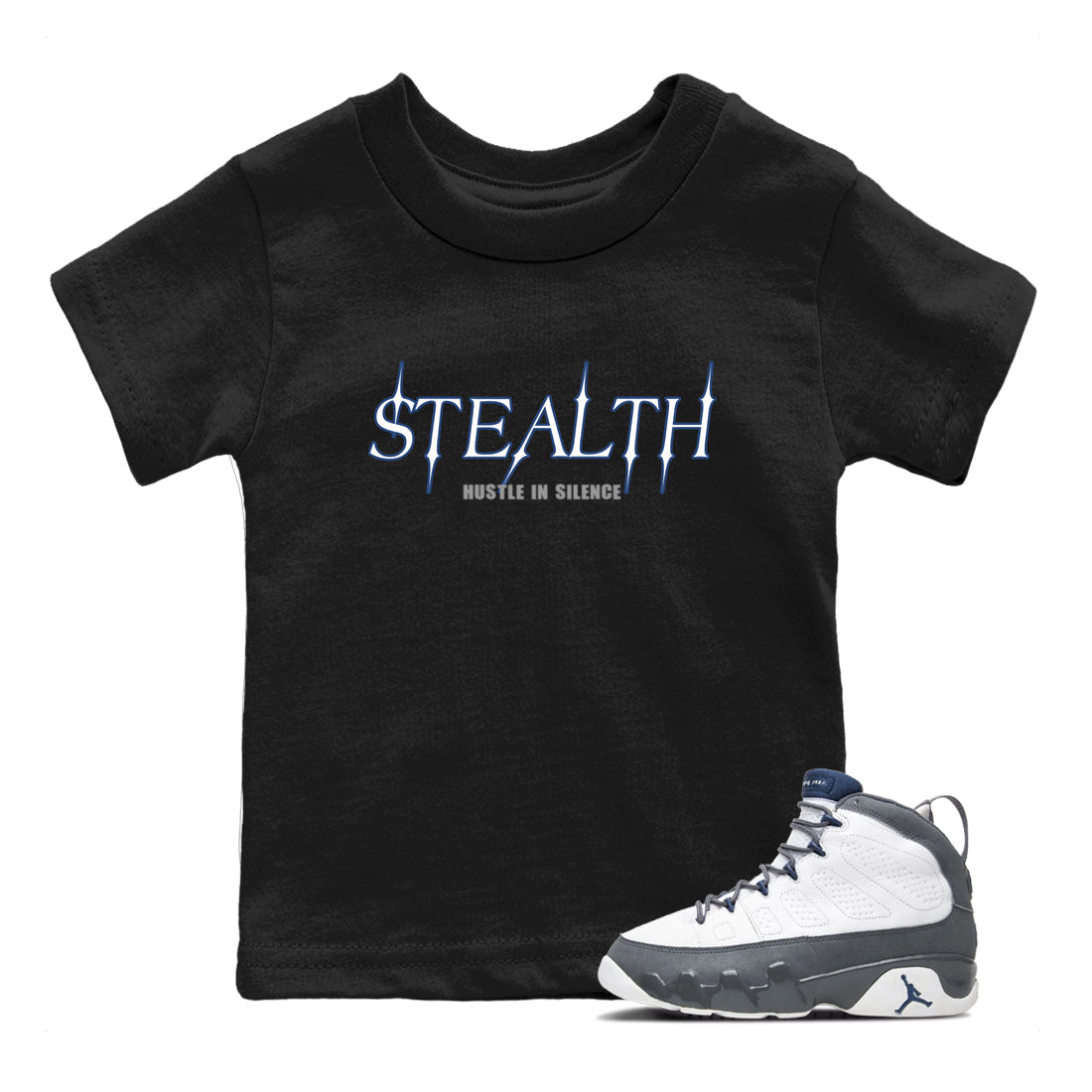 Sneaker match tees – Sneaker Tees To Match Air Jordan 9 Flint Grey Shoes – Stealth Kids T-Shirt Black 1