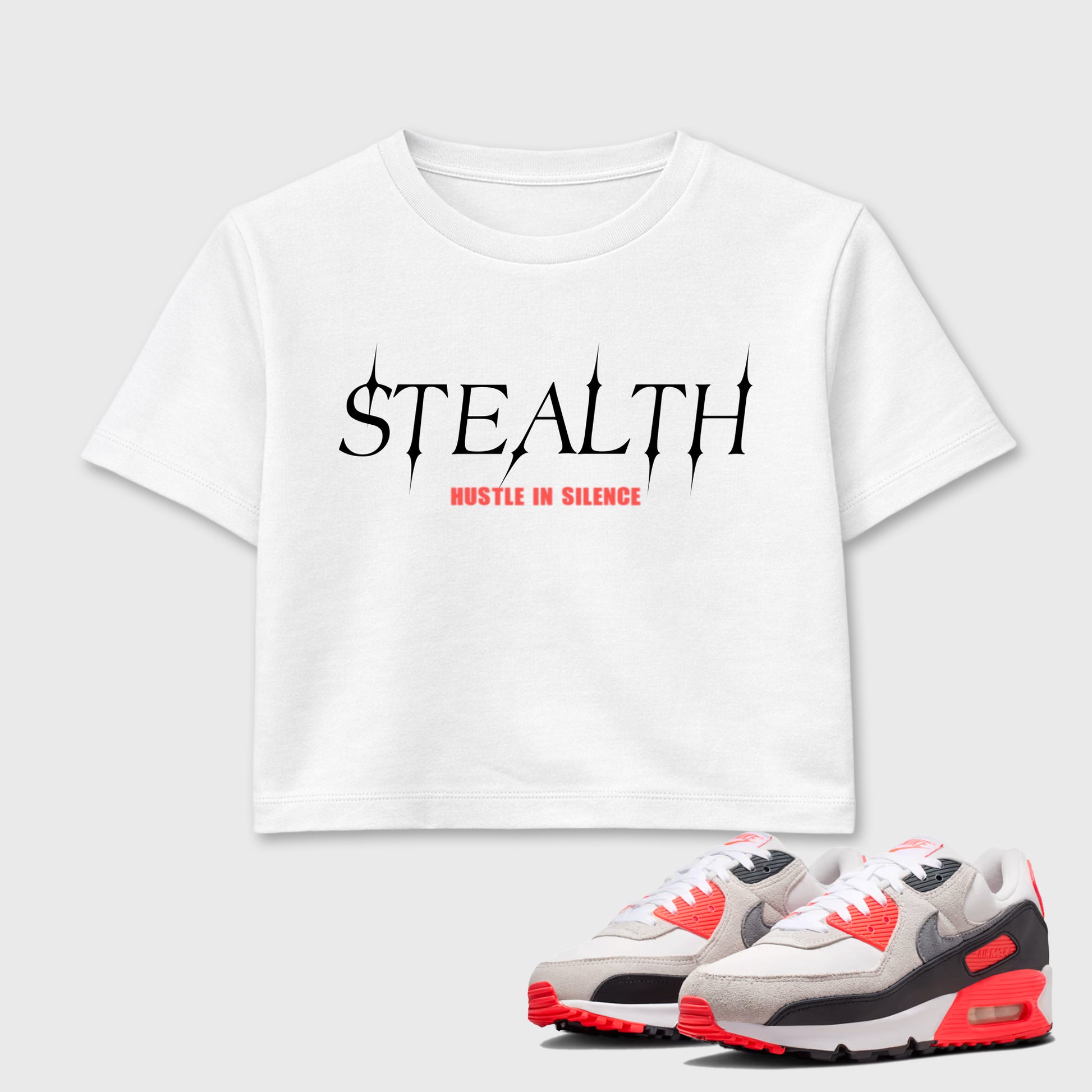 Sneaker match tees – Sneaker Tees To Match Air Max 90 Infrared Shoes – Stealth Crop T-Shirt White 1