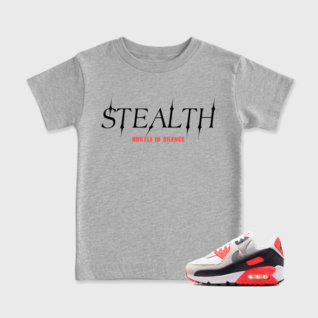 Sneaker match tees – Sneaker Tees To Match Air Max 90 Infrared Shoes – Stealth Kids T-Shirt Heather Grey 1