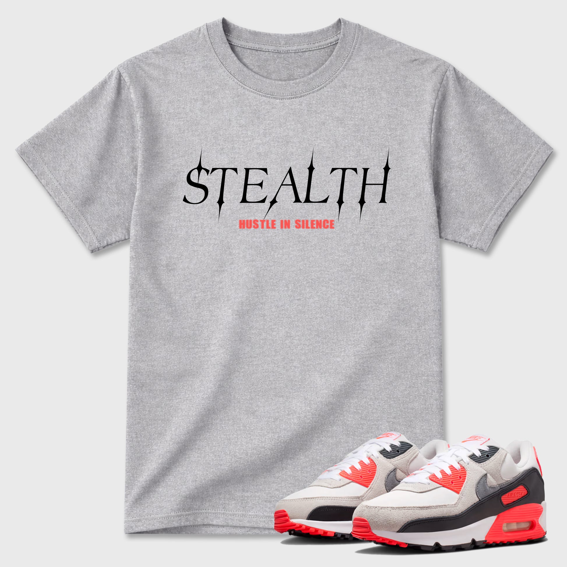 Sneaker match tees – Sneaker Tees To Match Air Max 90 Infrared Shoes – Stealth Tee Heather Grey 1