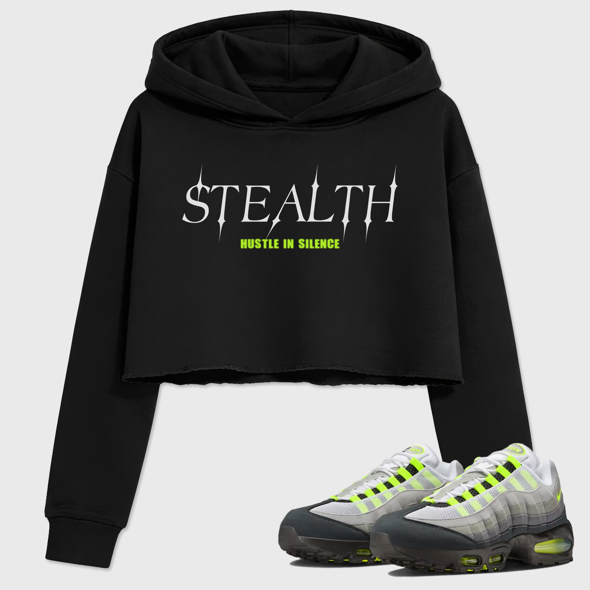 Sneakerfit graphic tee destination – Sneaker Tees To Match Air Max 95 Neon Yellow Sneakers – Stealth Crop T-Shirt Black 1