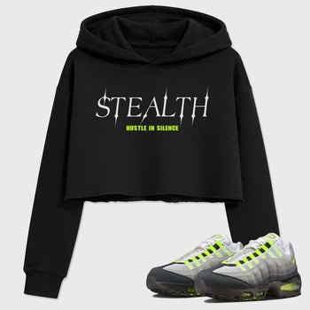 Sneakerfit graphic tee destination – Sneaker Tees To Match Air Max 95 Neon Yellow Sneakers – Stealth Crop T-Shirt Black 1