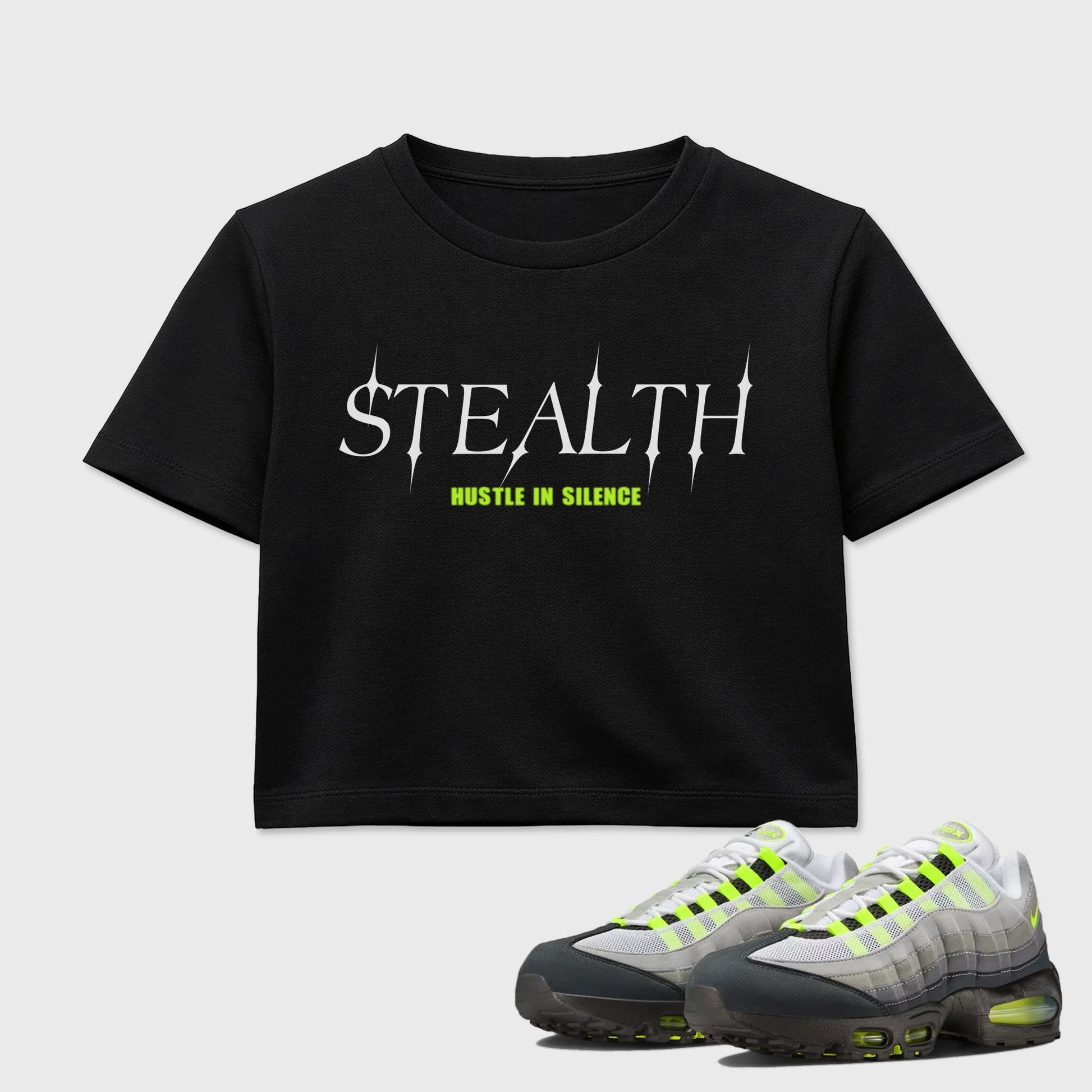 Sneakerfit graphic tee destination – Sneaker Tees To Match Air Max 95 Neon Yellow Sneakers – Stealth Crop T-Shirt Black 1
