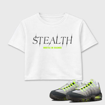 Sneakerfit graphic tee destination – Sneaker Tees To Match Air Max 95 Neon Yellow Sneakers – Stealth Crop T-Shirt White 1