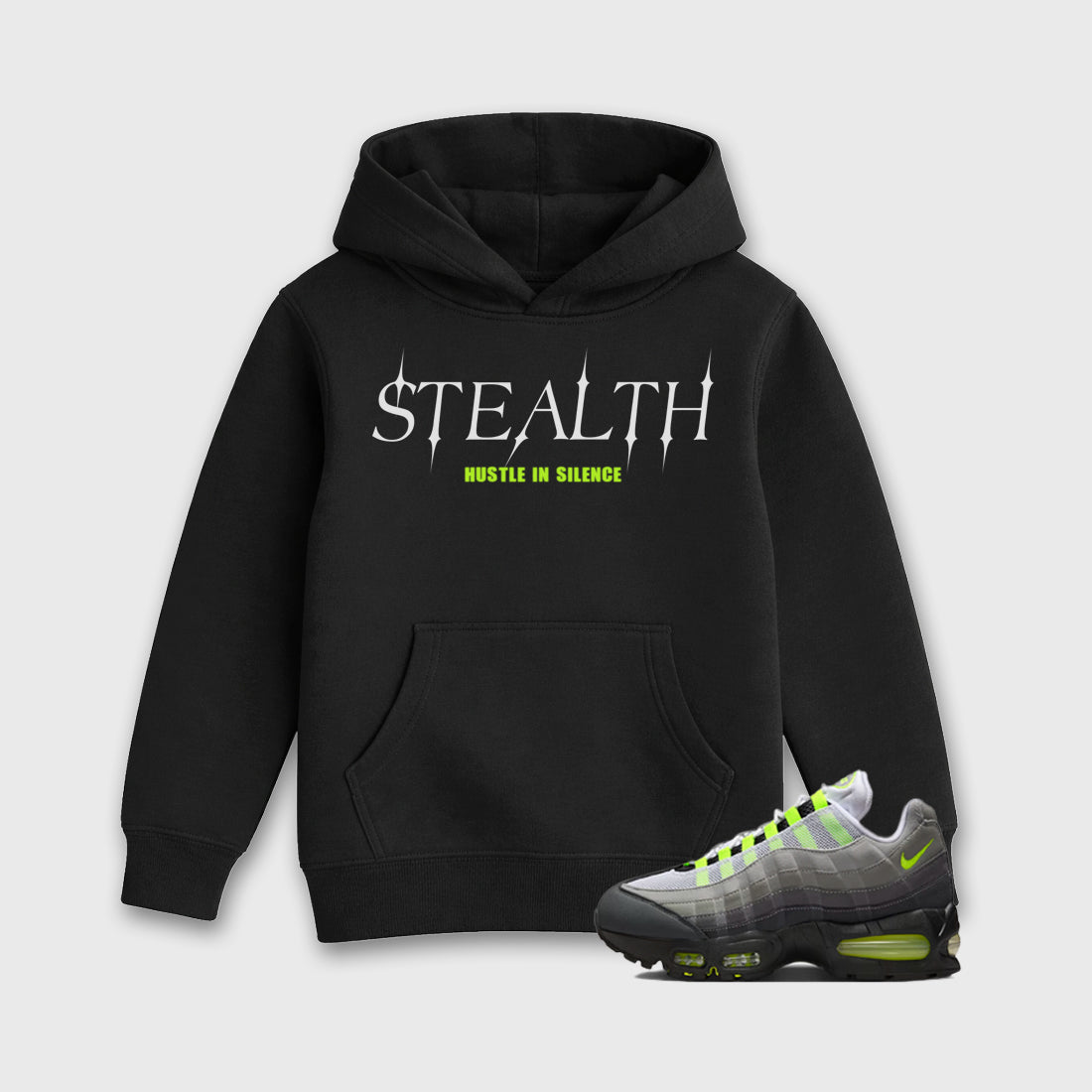 Sneakerfit graphic tee destination – Sneaker Tees To Match Air Max 95 Neon Yellow Sneakers – Stealth Kids T-Shirt Black 1