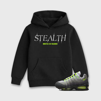 Sneakerfit graphic tee destination – Sneaker Tees To Match Air Max 95 Neon Yellow Sneakers – Stealth Kids T-Shirt Black 1