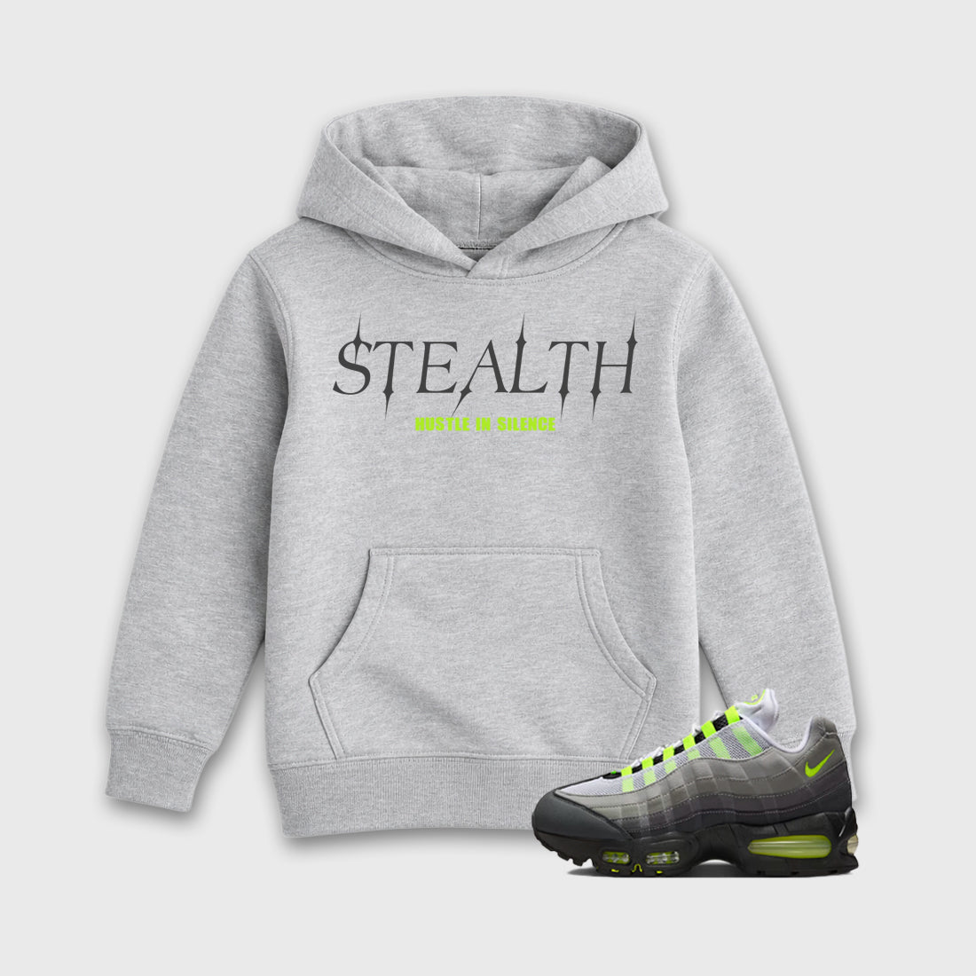 Sneakerfit graphic tee destination – Sneaker Tees To Match Air Max 95 Neon Yellow Sneakers – Stealth Kids T-Shirt Heather Grey 1