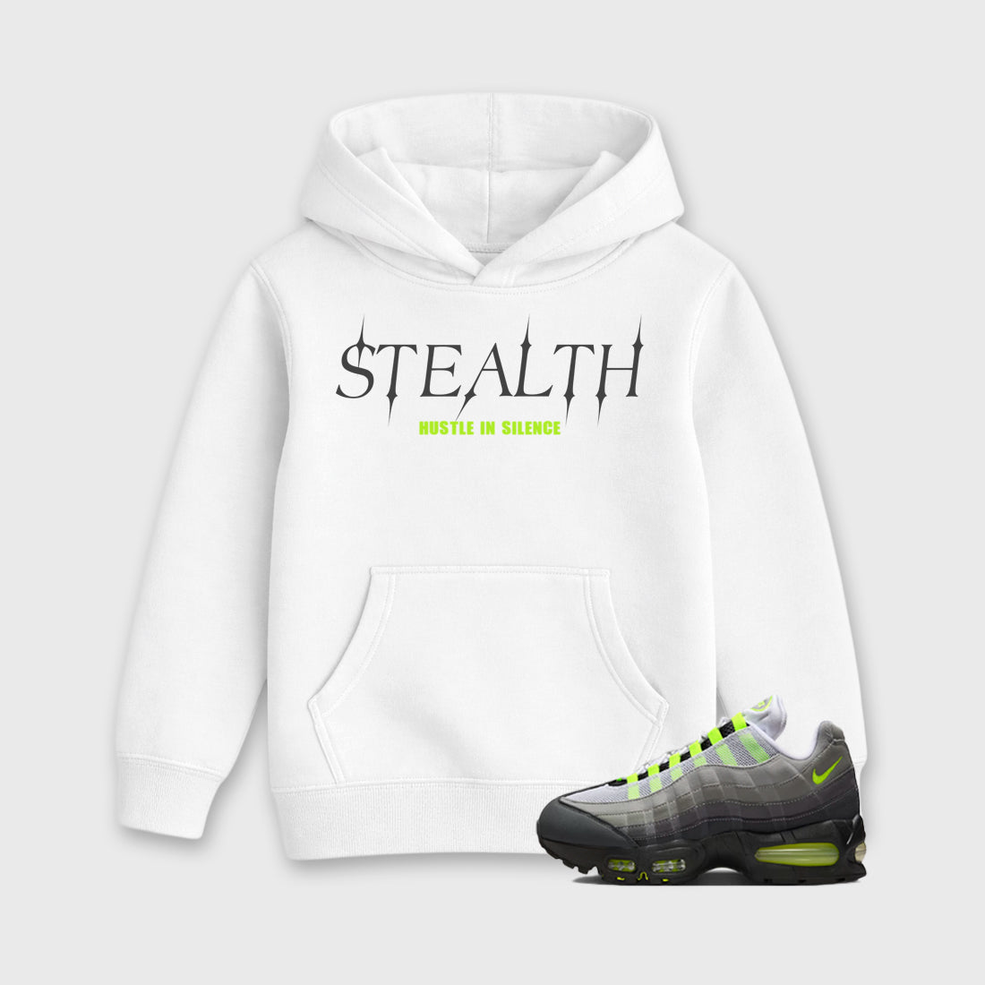 Sneakerfit graphic tee destination – Sneaker Tees To Match Air Max 95 Neon Yellow Sneakers – Stealth Kids T-Shirt White 1
