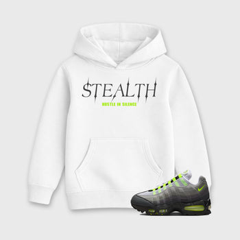 Sneakerfit graphic tee destination – Sneaker Tees To Match Air Max 95 Neon Yellow Sneakers – Stealth Kids T-Shirt White 1