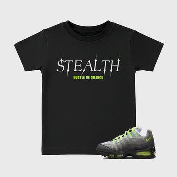 Sneakerfit graphic tee destination – Sneaker Tees To Match Air Max 95 Neon Yellow Sneakers – Stealth Kids T-Shirt Black 1