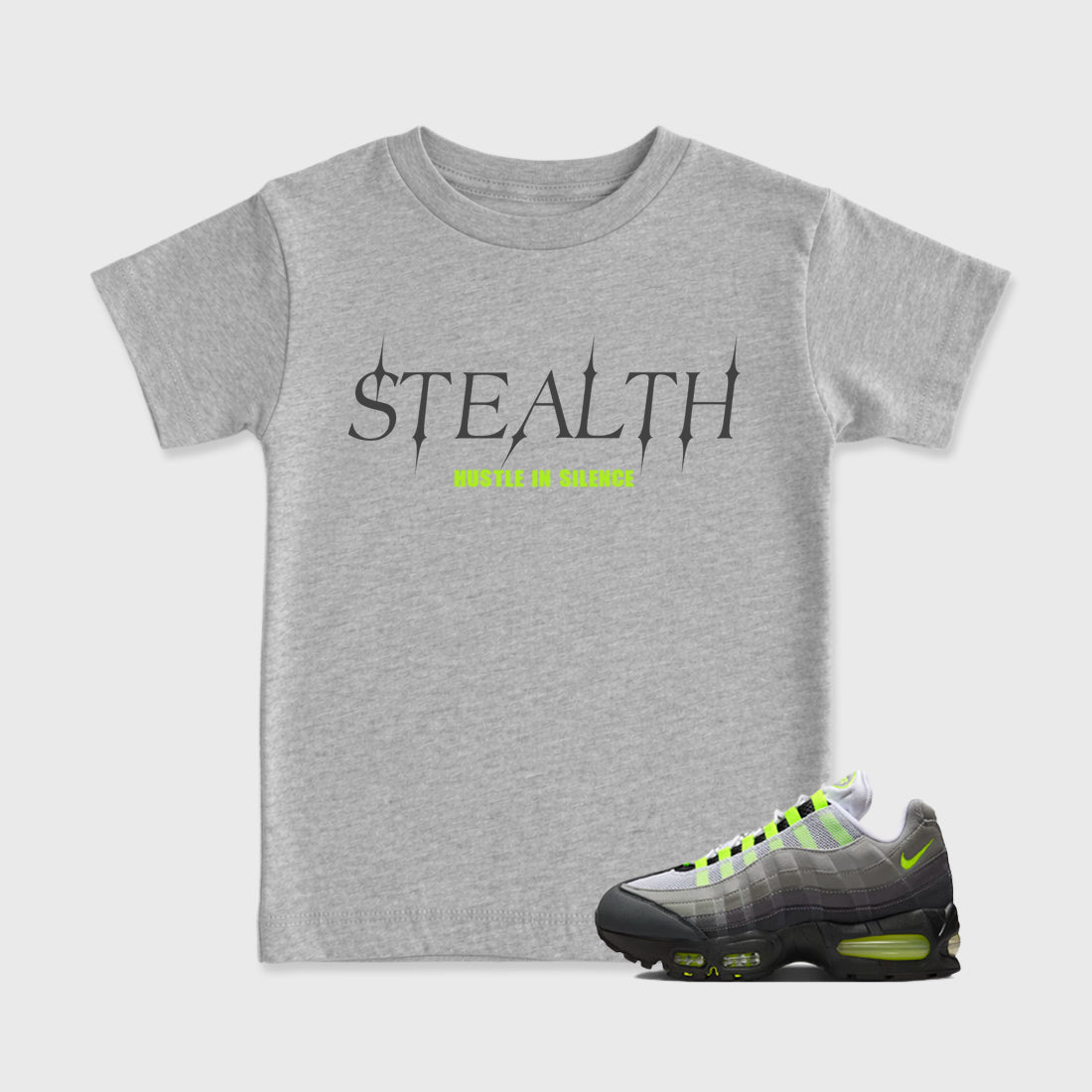 Sneakerfit graphic tee destination – Sneaker Tees To Match Air Max 95 Neon Yellow Sneakers – Stealth Kids T-Shirt Heather Grey 1