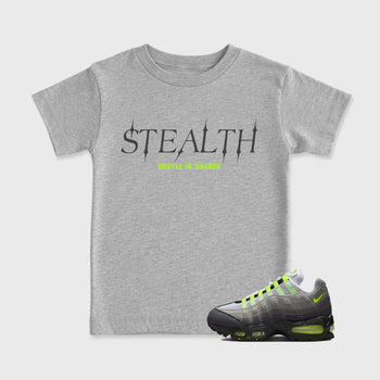 Sneakerfit graphic tee destination – Sneaker Tees To Match Air Max 95 Neon Yellow Sneakers – Stealth Kids T-Shirt Heather Grey 1